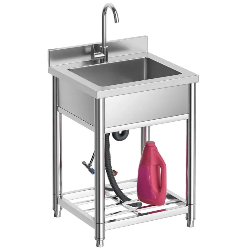 Stainless Steel Freestanding Utility Sink â€?Single Bowl with Hot/Cold Faucet, Commercial-Grade