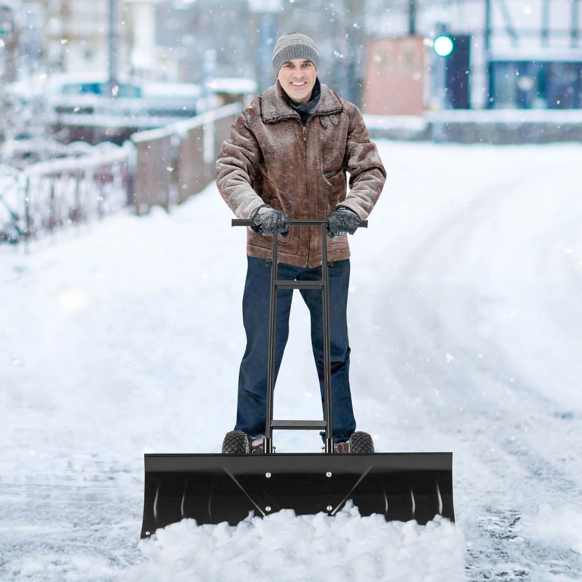 Costway 36" Snow Shovel Pusher with 10" Inflatable Wheels Adjustable Handle & Head Black
