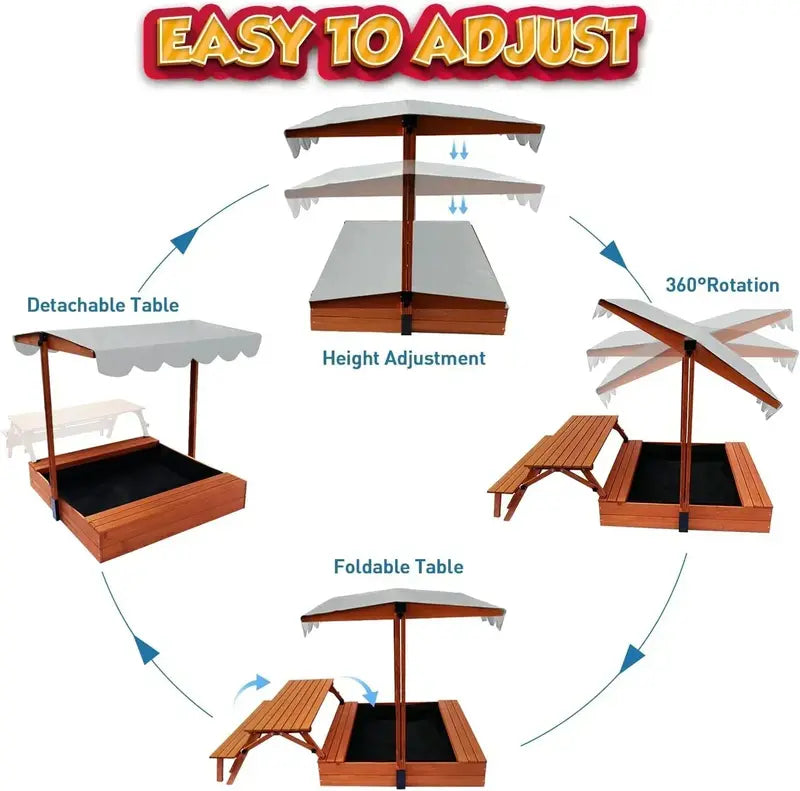 Wooden Outdoor Sandbox with Lid & Picnic Table â€?Foldable Sandpit with Protective Cover