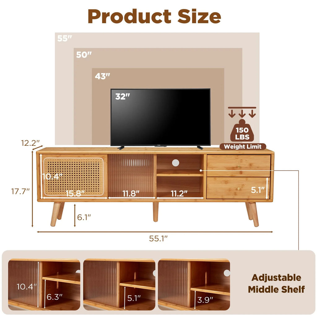 AECOJOY Rattan Boho TV Stand for TVs up to 65 inch, Entertainment Center with Rattan Door, Height-Adjustable Shelves & 4 Cabinets & Drawers
