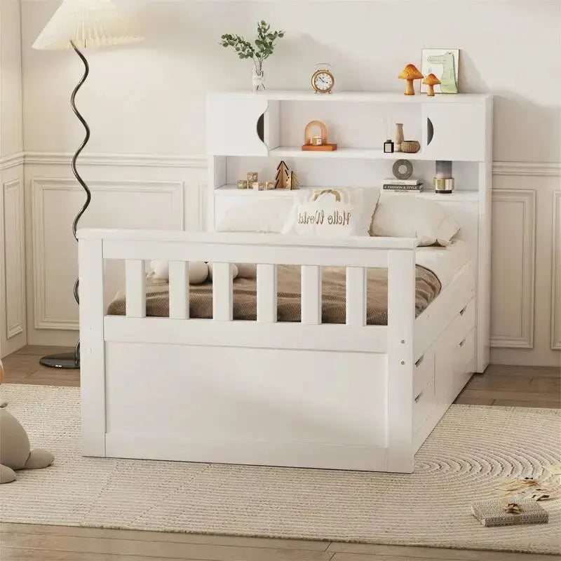 Twin/Full Captain Platform Bed â€?Solid Wood Frame with Integrated Storage: Four Drawers + Bookcase-Style Headboard with Shelves