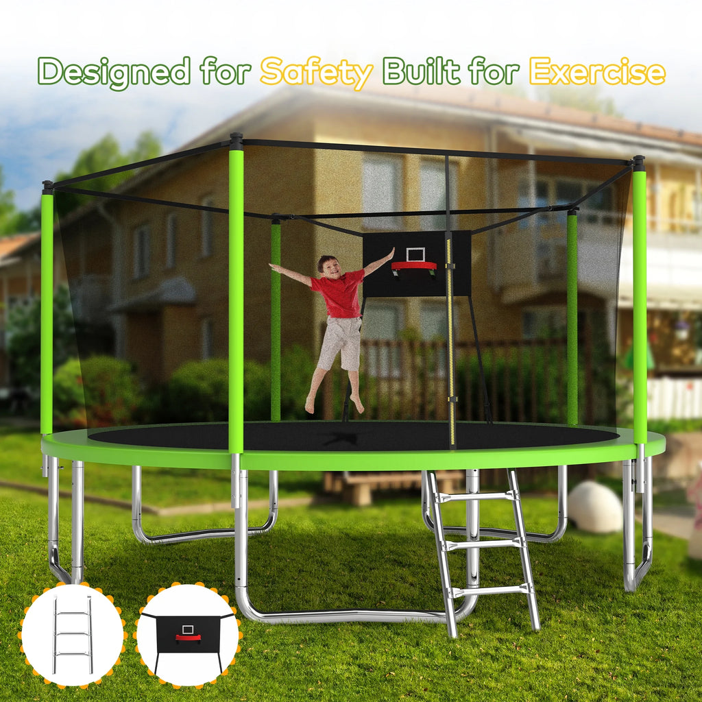14ft Trampoline with Basketball Hoop, Outdoor Trampoline with with Enclosure Net, Blue