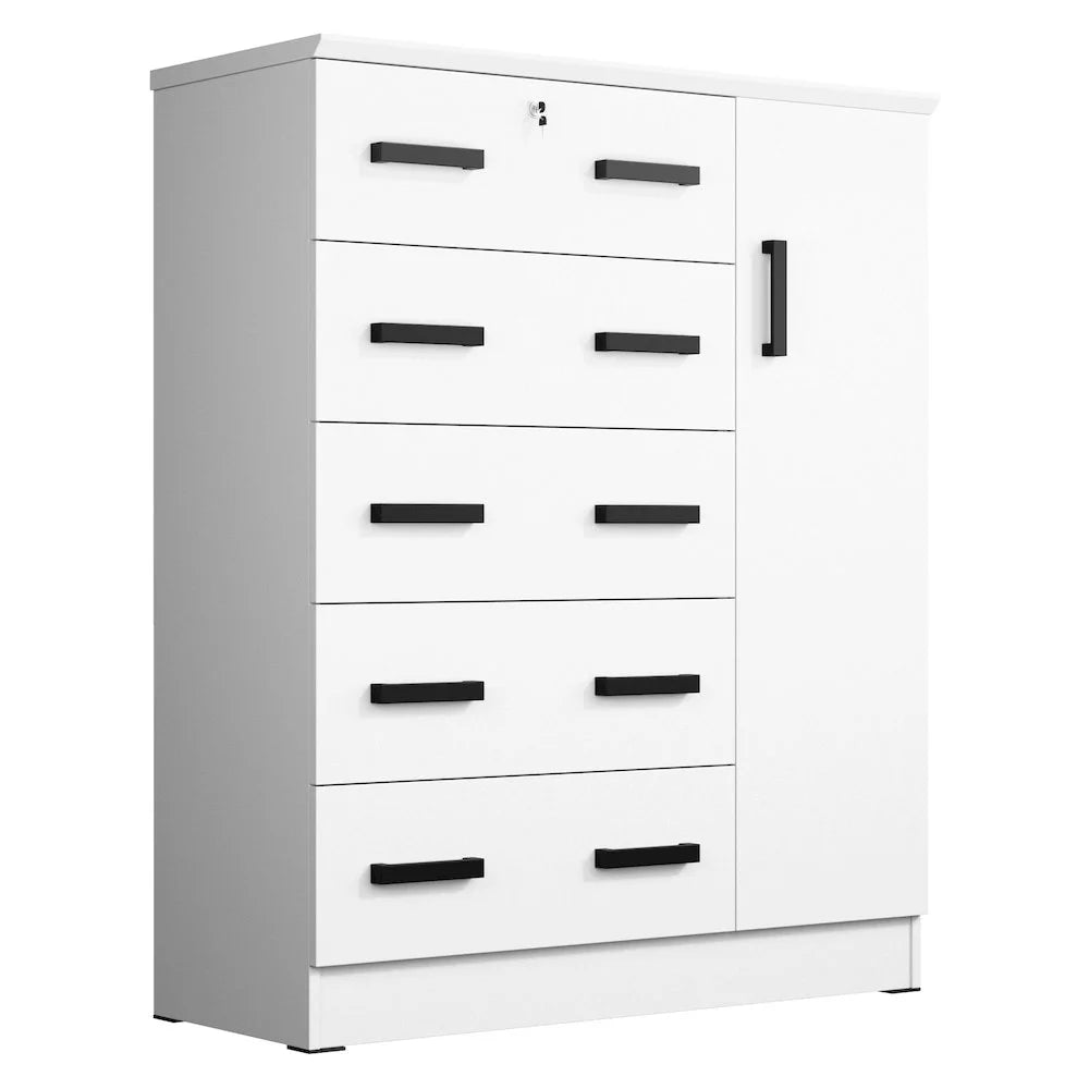Better Home Products JCF Sofie 5 Drawer Wooden Tall Chest Wardrobe in Mahogany