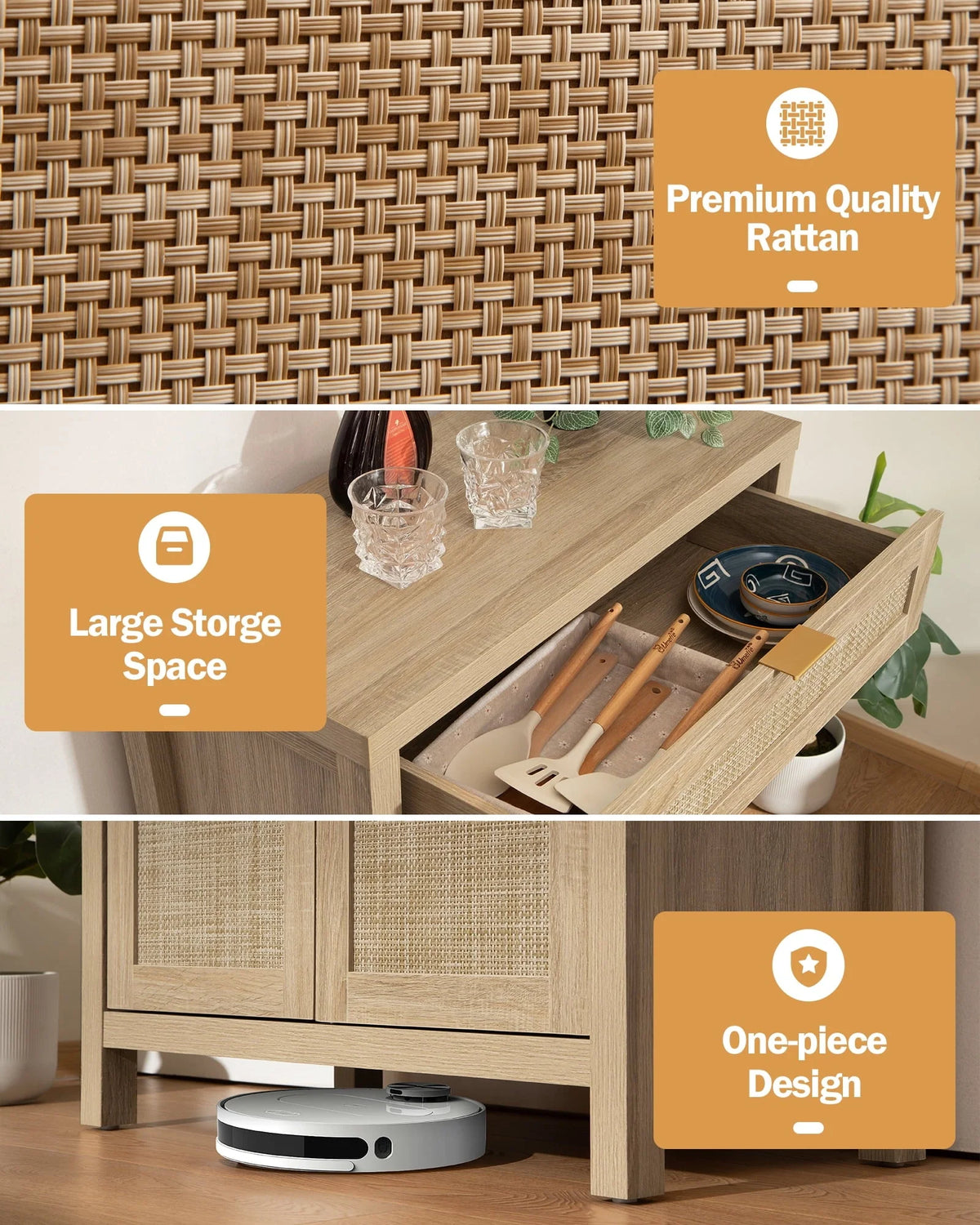 Nopurs Rattan Sideboard Buffet Cabinet, Boho Storage Cabinet Buffet Table with Doors and Drawer, Coffee Bar Cabinet for Kitchen Entryway Living Dining Room, Light Oak