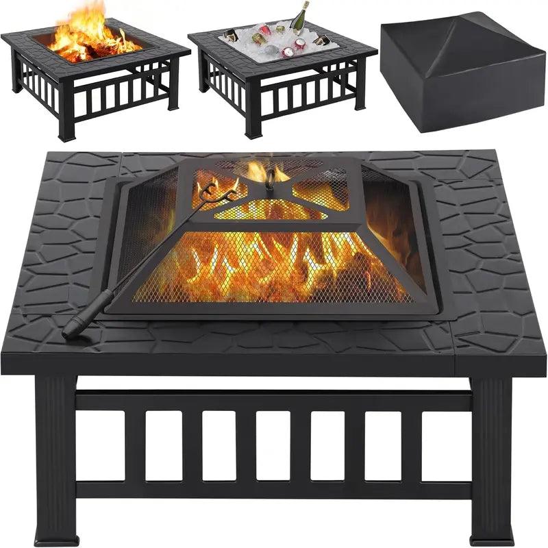 Yaheetech 32-Inch Square Fire Pit Table â€?Multifunctional Outdoor Heating Unit for Patios, Gardens, Camping & Picnics