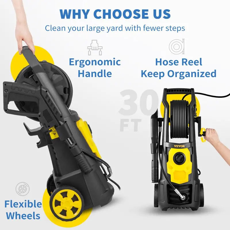 VEVOR Electric Pressure Washer, 2000 PSI, Max. 1.76 GPM Power Washer W/ 30 Ft Hose   Reel
