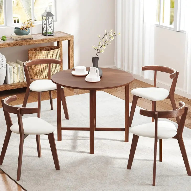 Walnut Round Drop-Leaf Dining Table â€?Extendable Farmhouse Table for 2â€?, Solid Wood Legs
