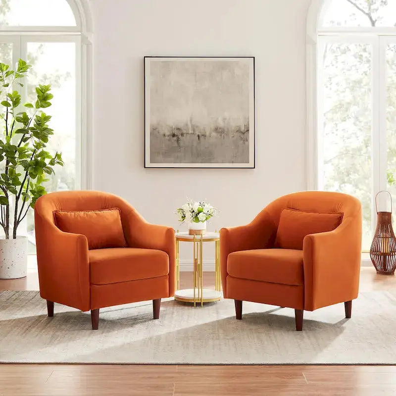 Velvet Accent Barrel Chairs (Set of 2) â€?Modern Armchairs with Solid Wood Legs and Compact Profile