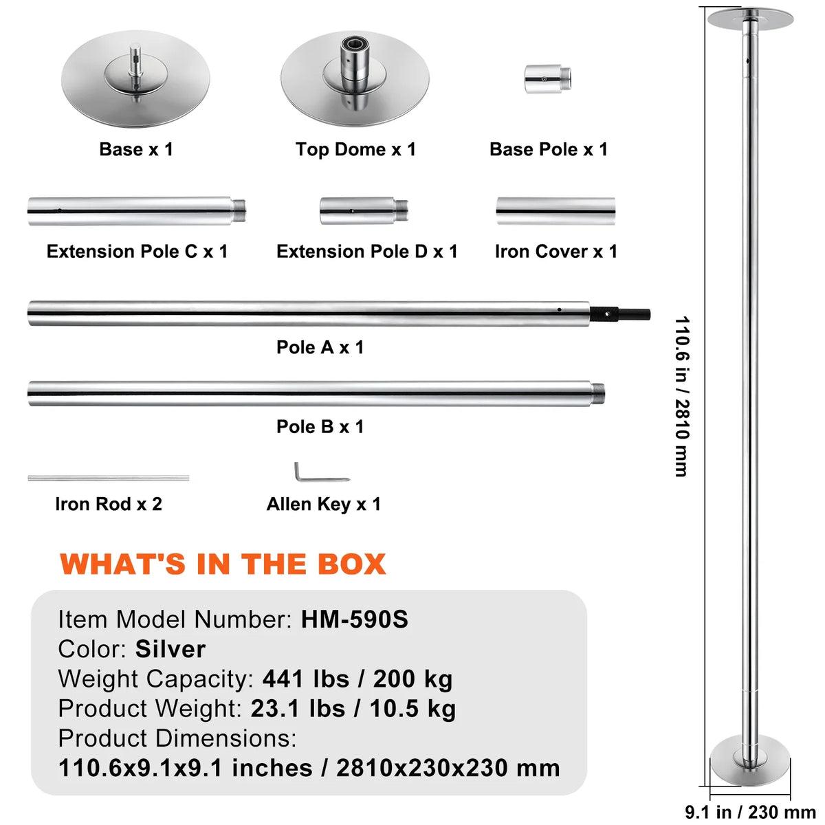 KFFKFF Expert Dance Pole, Rotating and Stationary Dance Pole Set, Detachable Portable Pole, 45mm Robust Stainless Steel Pole, Fitness Pole with Adjustable Height, Suitable for Workout Home, Silver