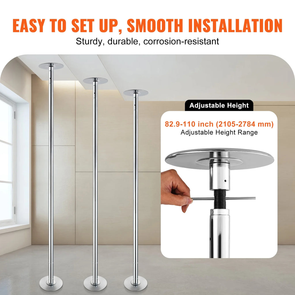 KFFKFF Expert Dance Pole, Rotating and Stationary Dance Pole Set, Detachable Portable Pole, 45mm Robust Stainless Steel Pole, Fitness Pole with Adjustable Height, Suitable for Workout Home, Silver