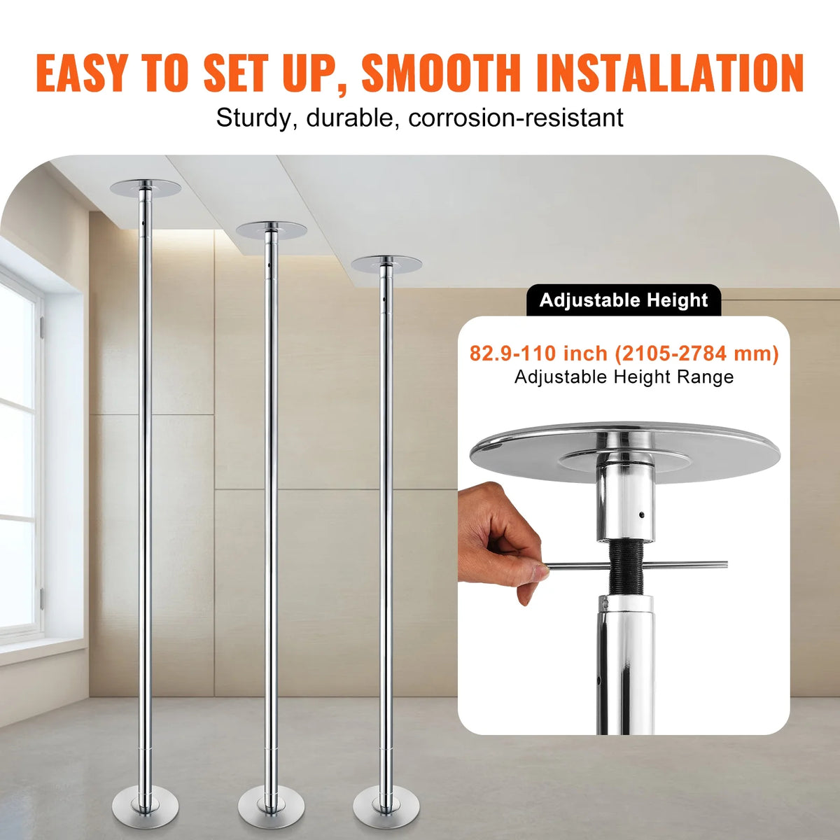 KFFKFF Expert Dance Pole, Rotating and Stationary Dance Pole Set, Detachable Portable Pole, 45mm Robust Stainless Steel Pole, Fitness Pole with Adjustable Height, Suitable for Workout Home, Silver