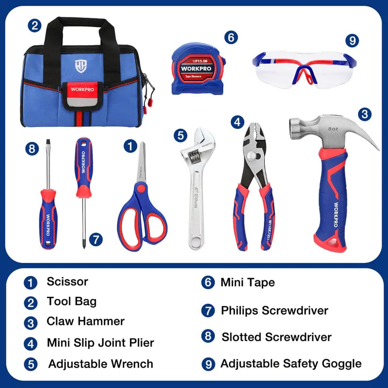 WORKPRO Kids' Junior Tool Set â€?9-Piece with Pink/Blue Bag â€?Pink Ribbon Edition