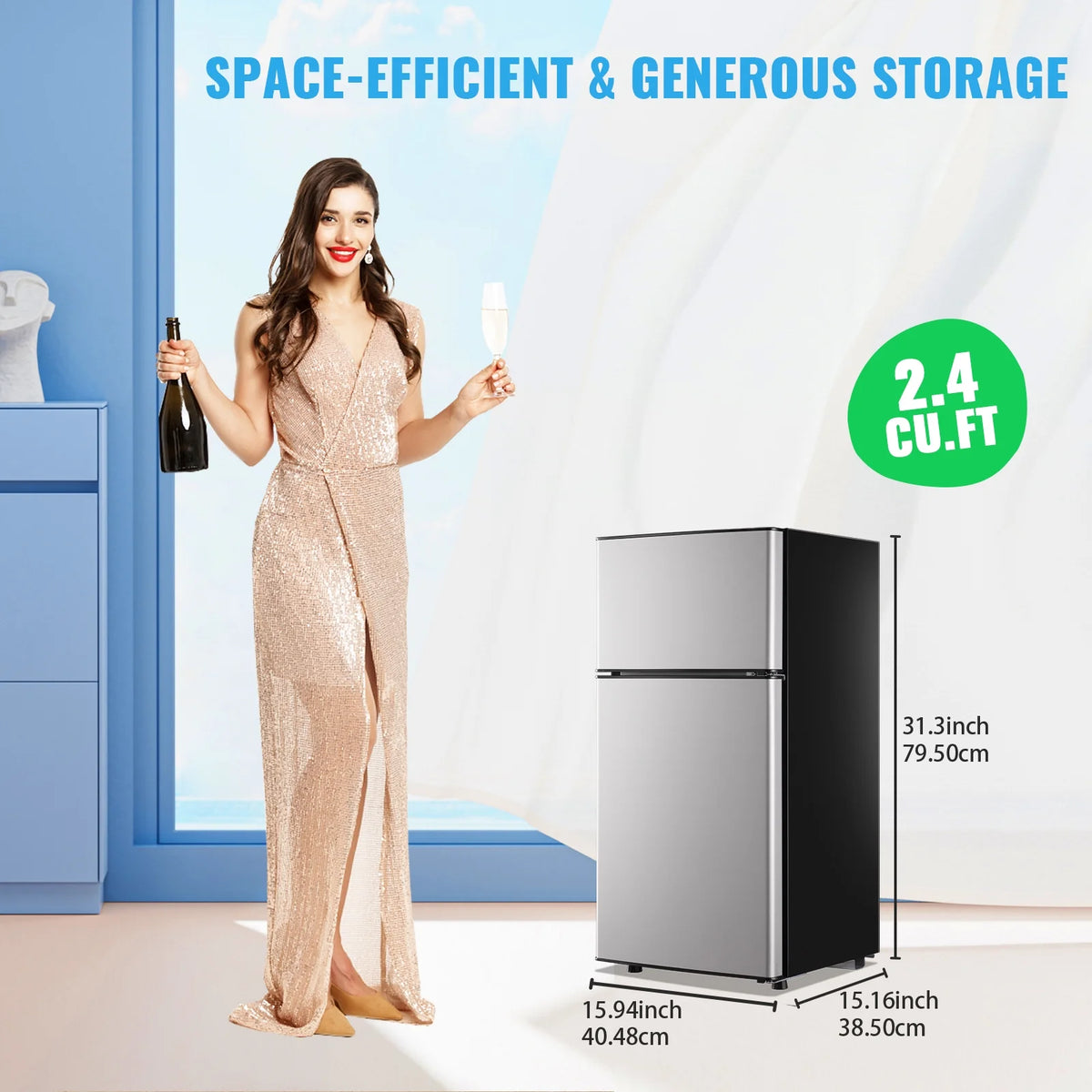 DEMULLER 2.4 Cu.ft Refrigerator Mini Fridge with Freezer Dual Door Personal Fridge New Silver Sale