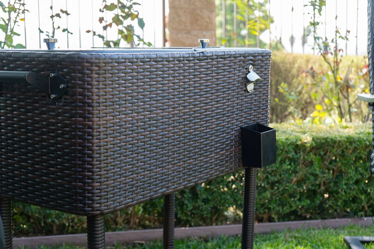 Permasteel 80 - QT Wicker Outdoor Patio Cooler, Hand - Woven Wicker Cooler Cart, Rolling Cooler on Wheels with Handle, Brown