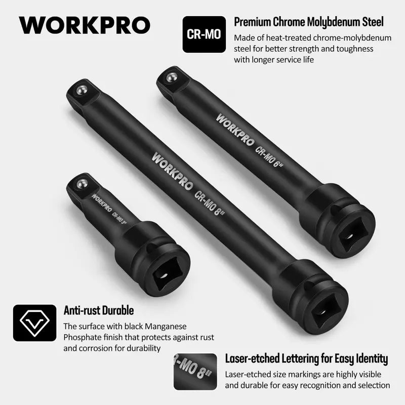WORKPRO 3-Piece Heavy-Duty Impact Extension Bar Set: 3â€? 6â€? and 8â€?(1/2â€?Drive)
