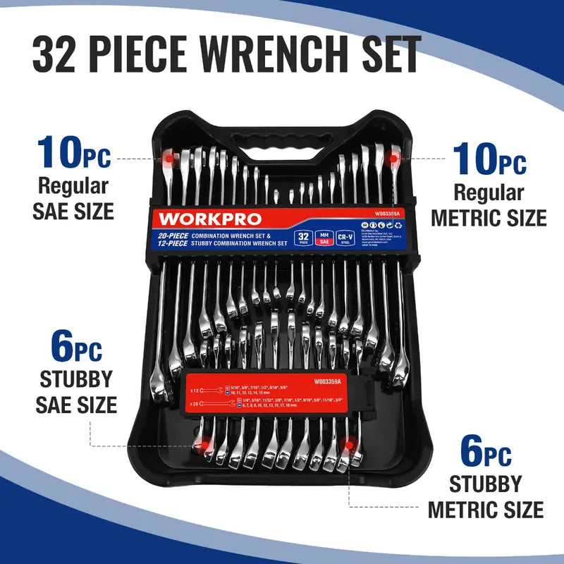 WORKPRO 32-Piece SAE & Metric Combination Wrench Set â€?12-Point Regular & Stubby Styles