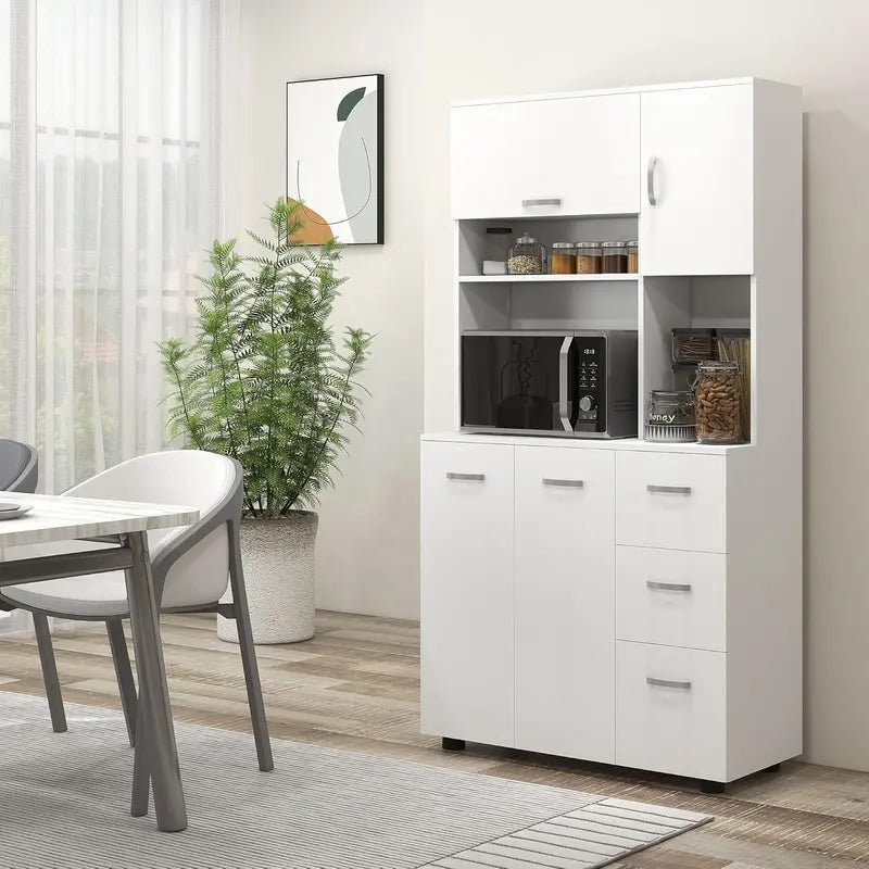 White 66â€?Microwave Stand & Pantry Cabinet â€?Multi-Functional Kitchen Storage Unit with Shelf Organization