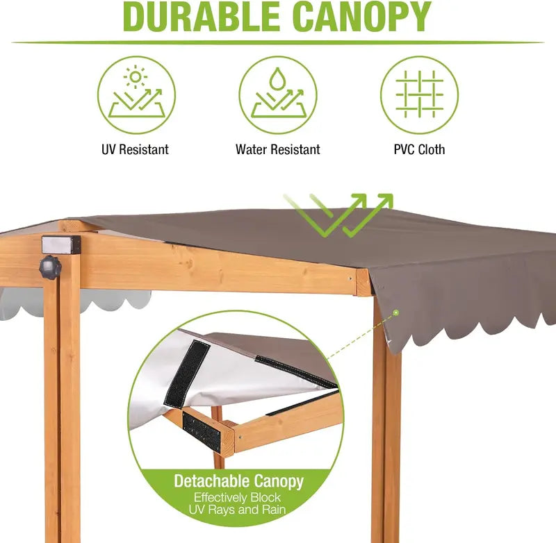 Wooden Outdoor Sandbox with Retractable Canopy â€?47â€?x 47â€?Sandpit Featuring Two Foldable Benches & Protective Liner