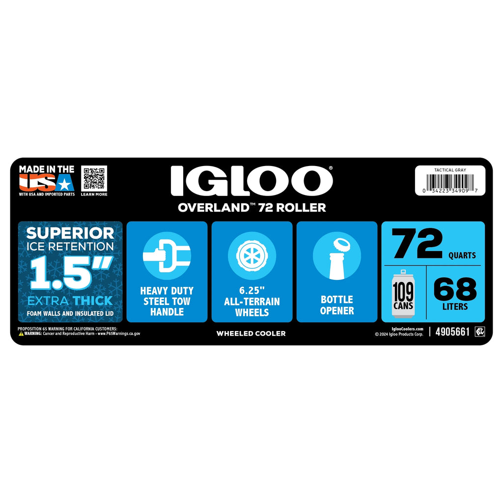 Igloo 72 QT Overland Ice Chest Cooler with Wheels, Gray