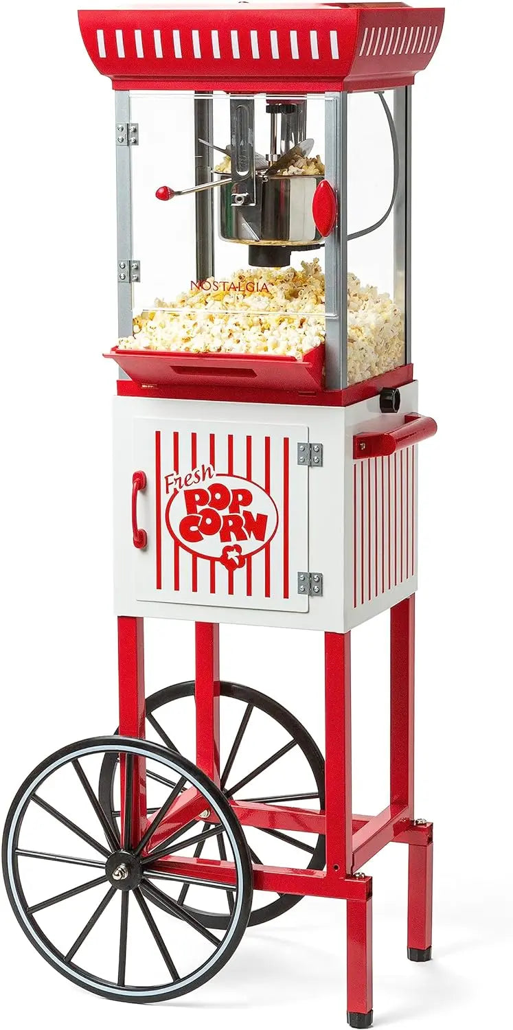 Vintage-Style Popcorn Cart â€?Professional 2.5-Oz Kettle Machine Makes Up to 10 Cups, Theater-Inspired Red & White Design