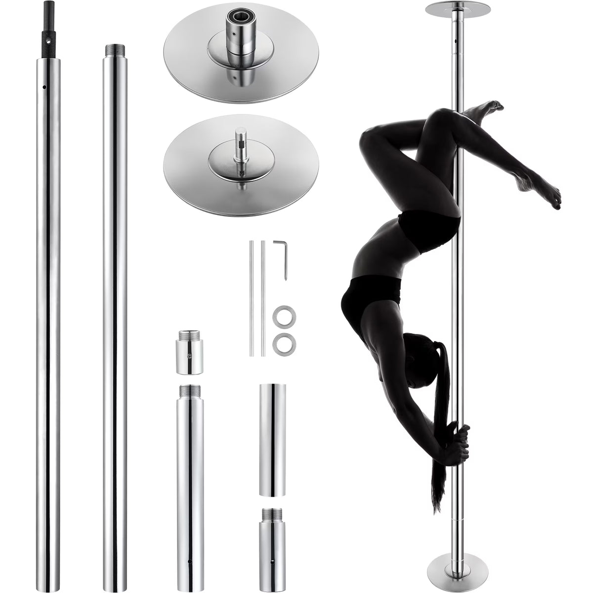KFFKFF Expert Dance Pole, Rotating and Stationary Dance Pole Set, Detachable Portable Pole, 45mm Robust Stainless Steel Pole, Fitness Pole with Adjustable Height, Suitable for Workout Home, Silver