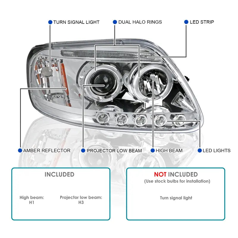 Spec-D Tuning Chrome Housing Clear Lens Projector Headlights Compatible with 1997-2003 Ford F150, 2004 Ford F150 Heritage, 1997-2002 Ford Expedition, Left + Right Pair Headlamps Assembly