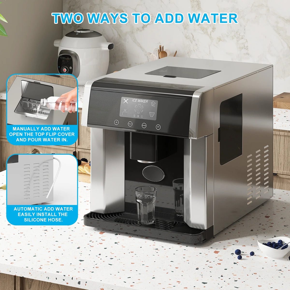 TABU 3 in 1 Ice Maker with Water Dispenser, 40 lb/24H, Ice Machine with Ice Crushing, Self Cleaning, Black