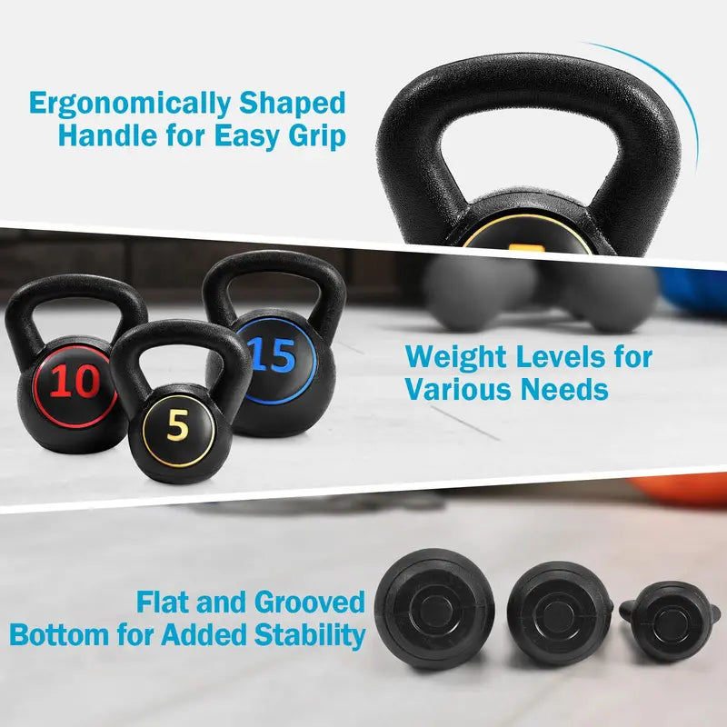 Three-Piece Kettlebell Set â€?HDPE-Coated Weights (5, 10, 15 lbs) for Home Fitness