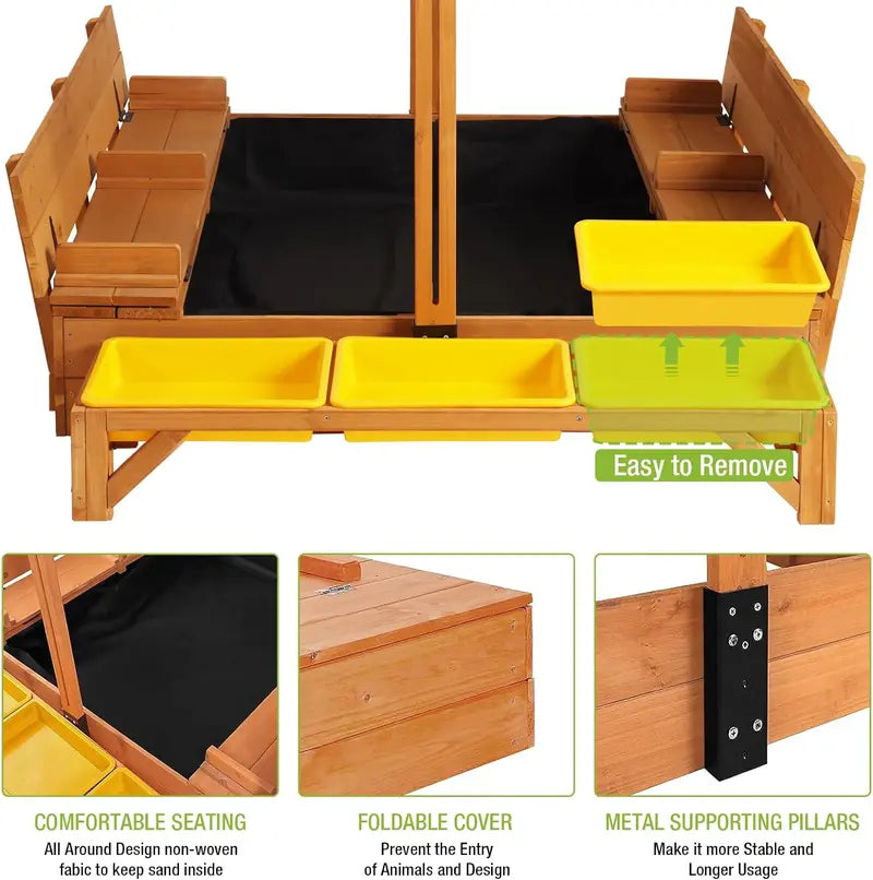 Wooden Outdoor Sandbox with Retractable Canopy â€?47â€?x 47â€?Sandpit Featuring Two Foldable Benches & Protective Liner