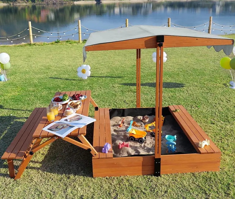 Wooden Outdoor Sandbox with Lid & Picnic Table â€?Foldable Sandpit with Protective Cover
