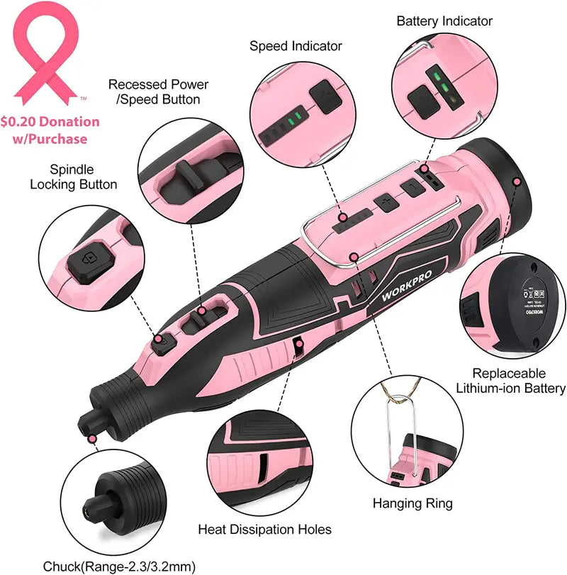 WORKPRO 12V Cordless Rotary Tool Kit â€?5-Speed Adjustable Mini Grinder with 114 Accessories and Pink Ribbon Packaging