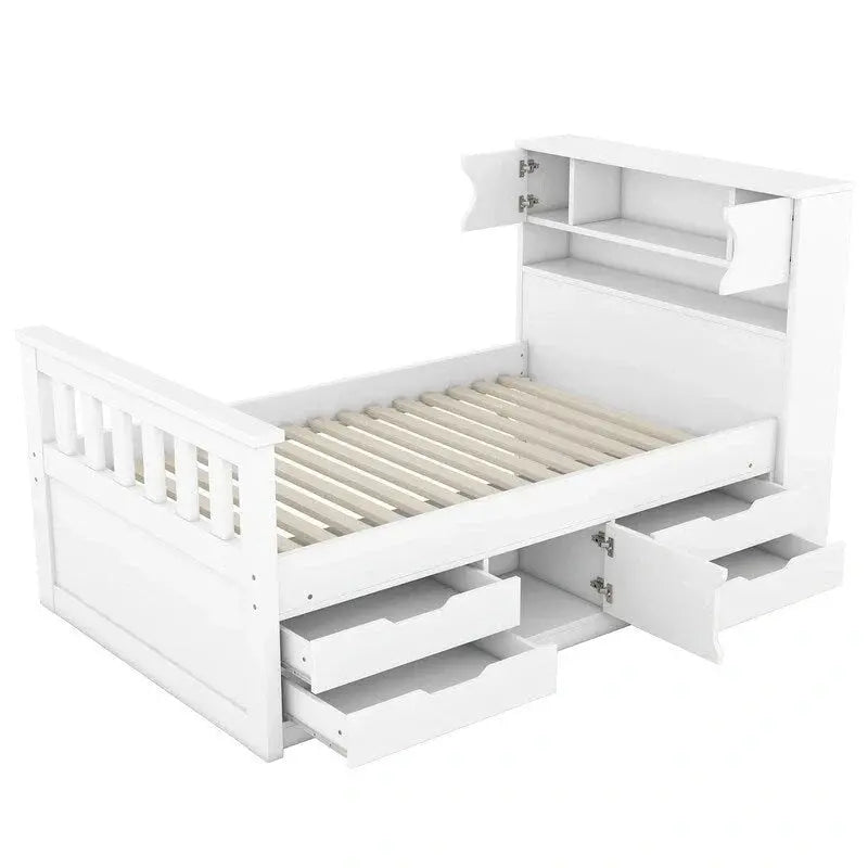 Twin/Full Captain Platform Bed â€?Solid Wood Frame with Integrated Storage: Four Drawers + Bookcase-Style Headboard with Shelves