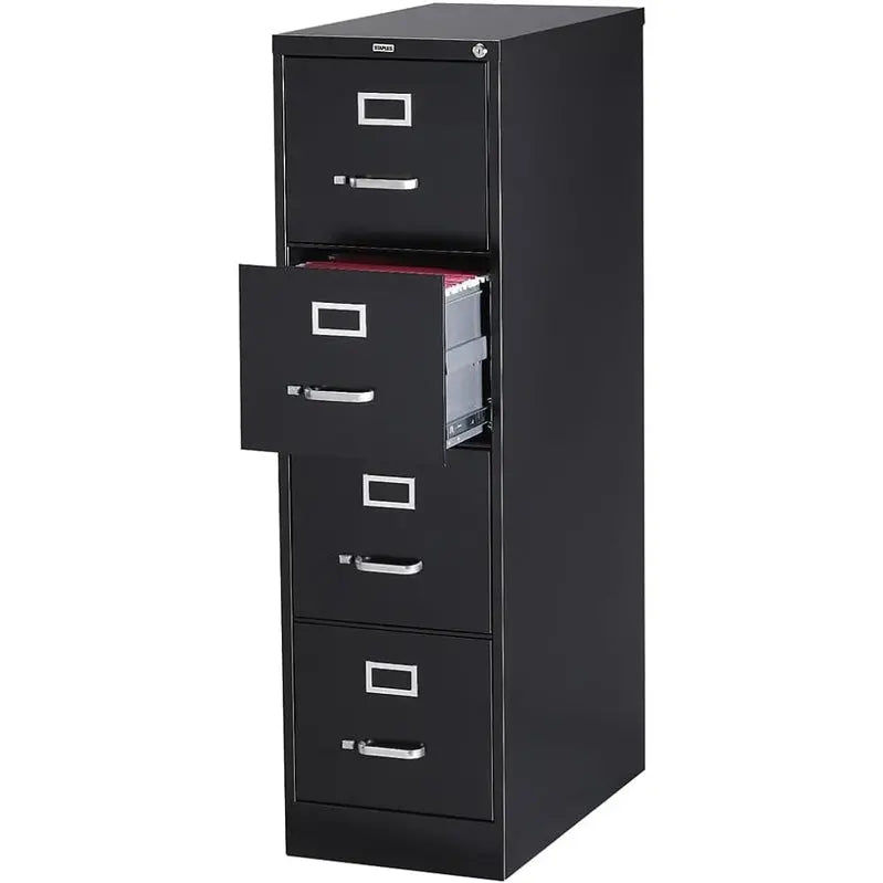 STAPLES 4-Drawer Lockable File Cabinet in Black â€?25-Inch Depth, 15-Inch Width