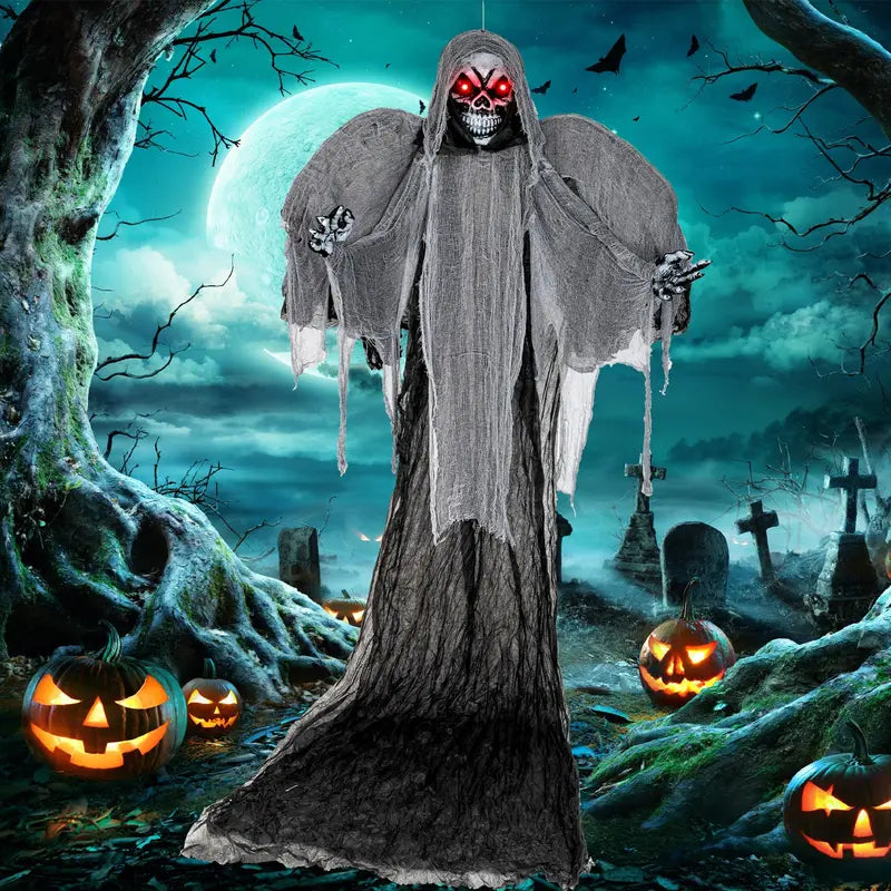 Spooky Hanging Halloween Skeleton Ghost (12.1 Ft) with Animated Red Eyes & Sound Effects