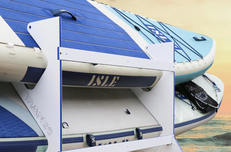 TRAPSKI Premium Paddleboard Rack â€?White/Blue, 2-Slot Wall or Dock Mount with Paddle Holders